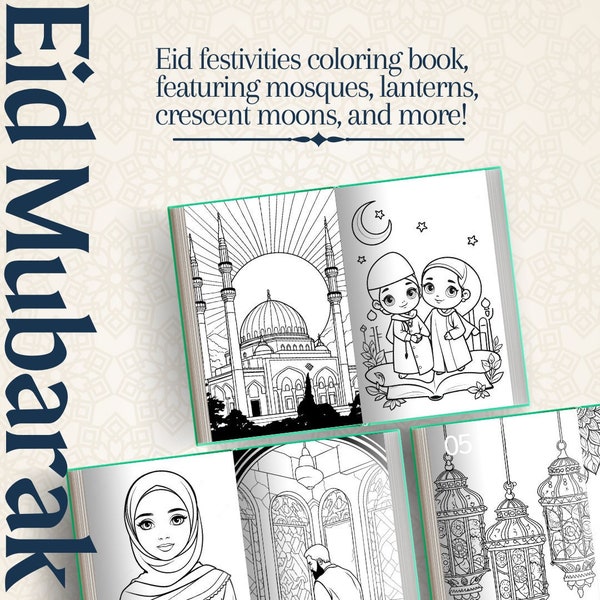 Eid Ramadan Coloring Book for Kids - 38 Pages + Bonus Color Image - Instant Download