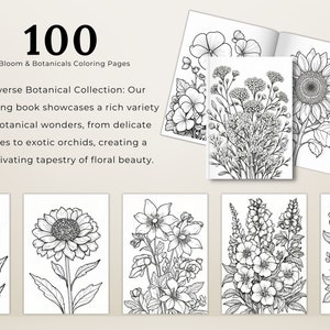 The Ultimative Bundle 100 Bloom & Botanicals Malbuch Realistische Illustration Printable PDF für Erwachsene und Kinder Wunderschöne Blumen Seiten