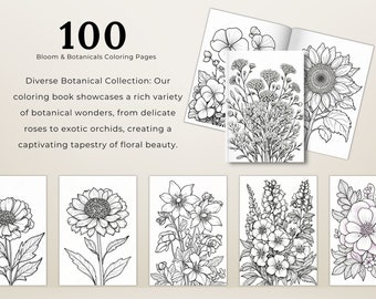 The Ultimate Bundle 100 Bloom & Botanicals Coloring Book Realistic Illustration Printable PDF for Adults and kids Beautiful Flowers Pages