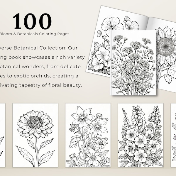 Das ultimative Paket mit 100 Bloom & Botanicals-Malbüchern, realistischen Illustrationen, druckbares PDF für Erwachsene und Kinder, wunderschöne Seiten mit Blumen