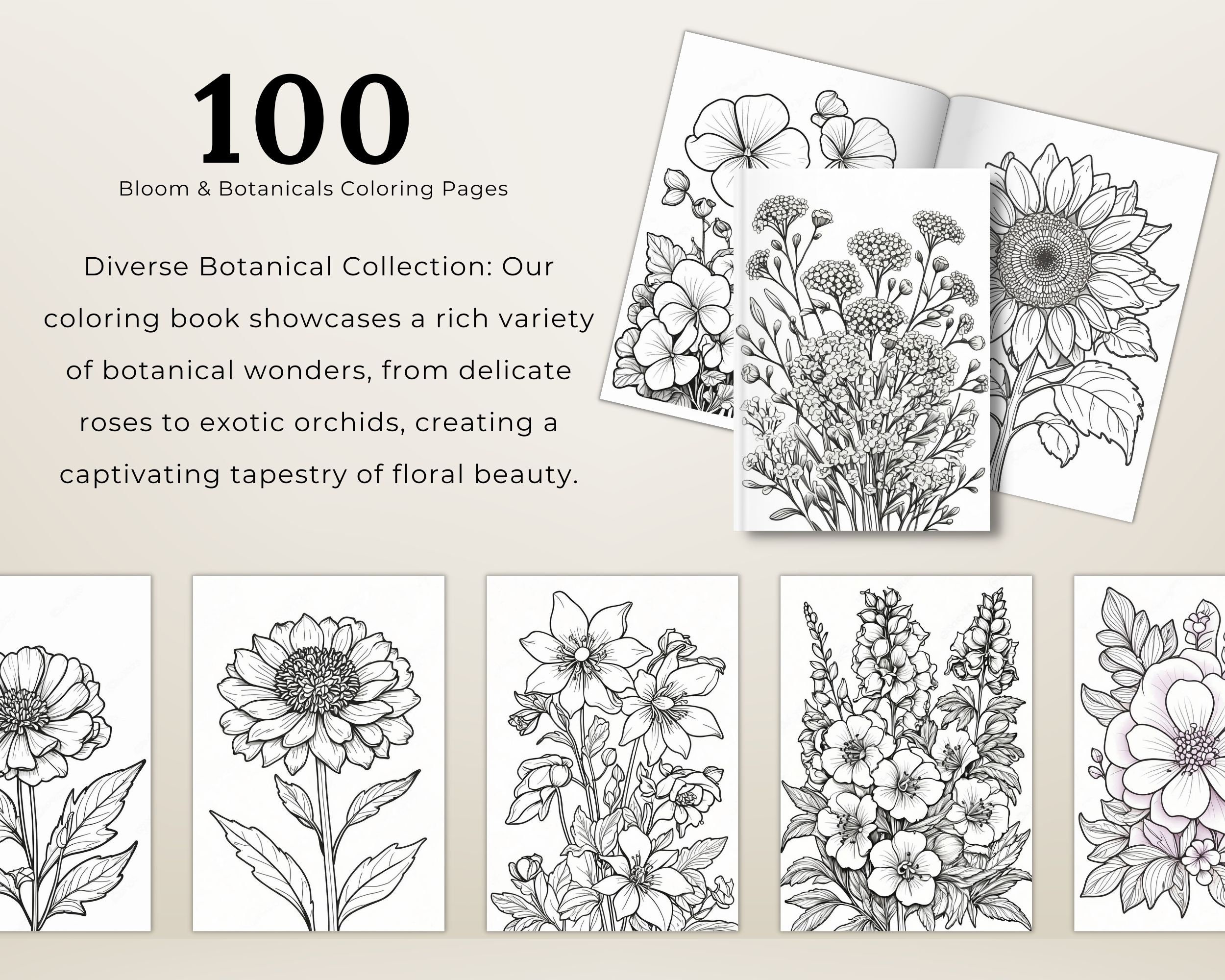 Ultimate Bloom & Botanicals Libro para Colorear – 100 páginas de flores realistas | PDF imprimible para adultos y niños