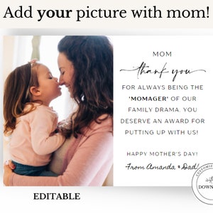 Gracias mamá, tarjeta divertida del día de la madre personalizable para mamá, regalo personalizado de hija o hijo, regalo imprimible de tarjeta única del día de las madres