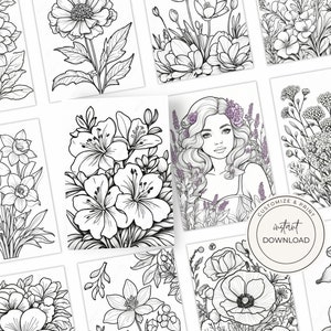 Collezione di 100 pagine di fiori da colorare Libro da colorare stampabile e realistico con elementi botanici PDF Pagine da colorare rilassanti e terapeutiche per alleviare lo stress
