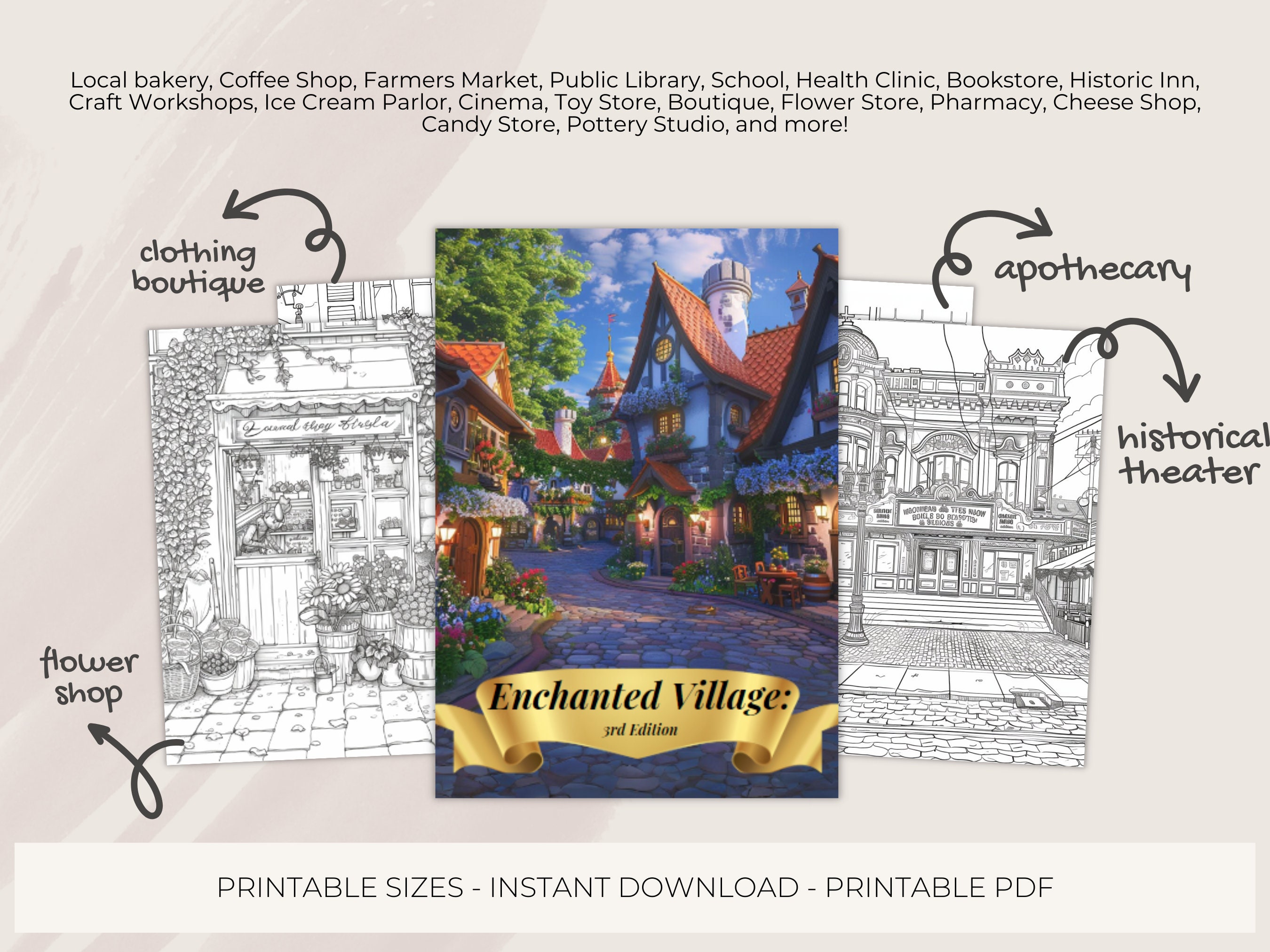 Enchanted Village Coloring Book, Adult & Kids Coloring Books, Village