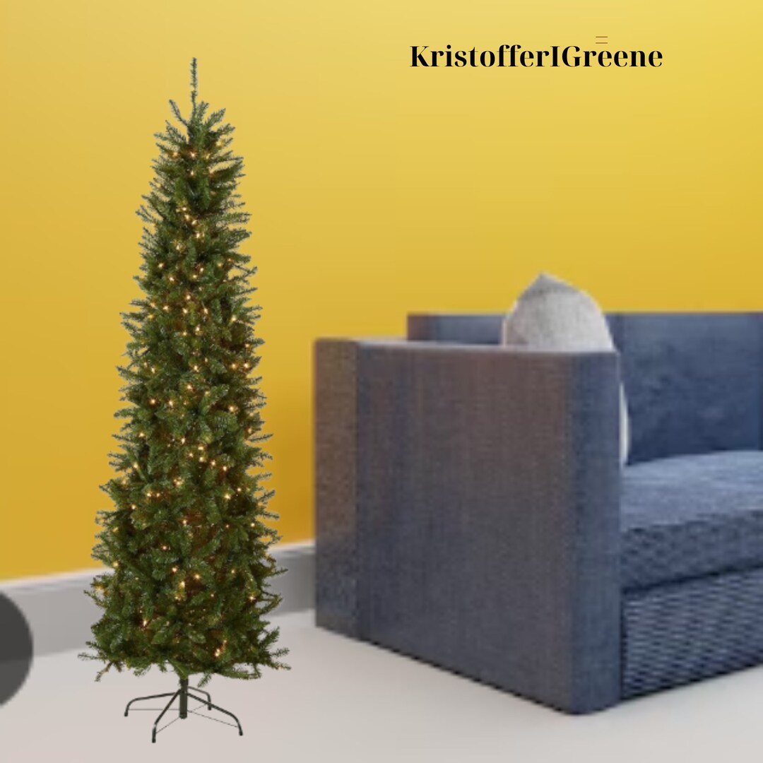 Prelit Artificial Green Slim Christmas Tree With White Lights Etsy