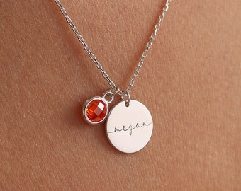 Engraved Necklace with Name and Birthstone, Gold Disc Necklace, Gold Coin Necklace, Disc Pendant Necklace, Custom Engraved Necklace, Gift
