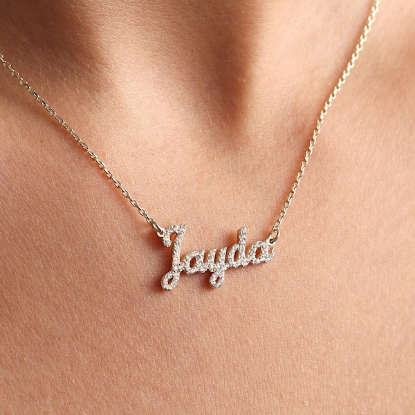 Aesthetic Necklace with Custom Pave Name, Dainty Name Necklace, Personalized Name Necklace, Gold Name Necklace,Script Name Necklace, Gift