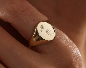Custom Signet Ring, Raw Signet Ring, Engraved Signet Ring, Personalized Signet Ring, Birth Flower Ring, Signet Ring Women, Floral Ring, Gift