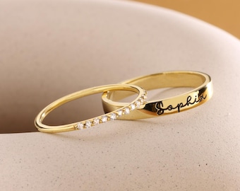 Sterling Silver Name Ring Set, Personalized Jewelry, Engraved Ring, CZ Diamond Ring, Custom Name Jewelry, Stackable Name Rings, Wedding Gift