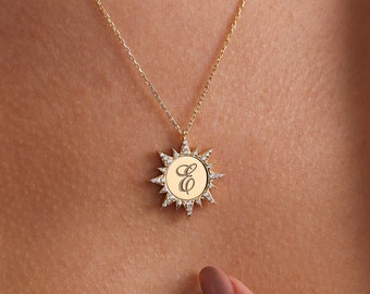 Sun Pendant Necklace with Initial, Sunburst Necklace, Sun Necklace Gold, Silver Sun Necklace, Sun Shine Necklace, Medallion Necklace, Gift