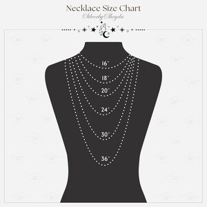 May include: A necklace size chart featuring a black mannequin with various necklace lengths. The chart displays necklace lengths of 16", 18", 20", 24", 30", and 36". The text "Necklace Size Chart" and the brand name "Silverby Sheyda" are at the top.