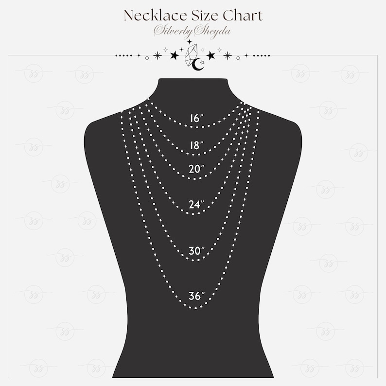 May include: A necklace size chart featuring a black mannequin with various necklace lengths. The chart displays necklace lengths of 16", 18", 20", 24", 30", and 36". The text "Necklace Size Chart" and the brand name "Silverby Sheyda" are at the top.