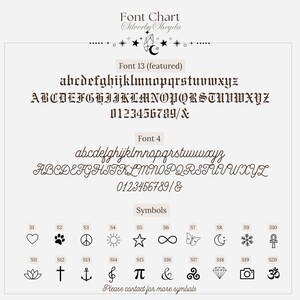 May include: A font chart with examples of Font 13 and Font 4, including uppercase, lowercase letters, numbers, and symbols. The chart also displays various symbols such as hearts, paws, and infinity signs. The text "Font Chart" and "Silverby Sheyda" are at the top.