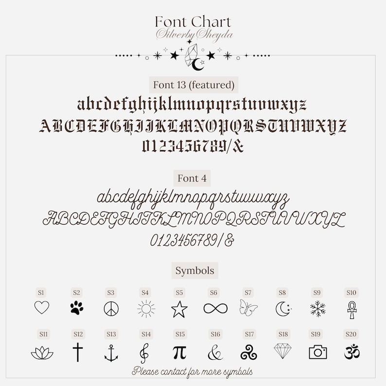 May include: A font chart with examples of Font 13 and Font 4, including uppercase, lowercase letters, numbers, and symbols. The chart also displays various symbols such as hearts, paws, and infinity signs. The text "Font Chart" and "Silverby Sheyda" are at the top.