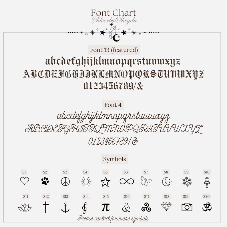 Może przedstawiać: Tabela czcionek z tekstem "Font Chart Silverby Sheyda" na g&oacute;rze. Tabela wyświetla dwie czcionki, Font 13 i Font 4, z wielkimi i małymi literami, cyframi i symbolami. Wyświetlana jest r&oacute;wnież r&oacute;żnorodność symboli.