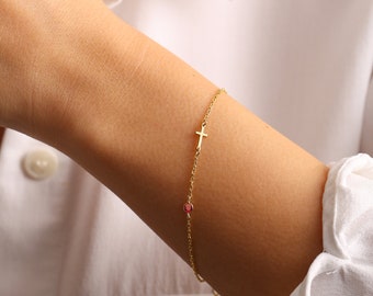 Kruisarmband, geboortesteenarmband, aangepaste armband, doopcadeau, gouden kruisarmband, christelijke geschenken, sierlijke armband