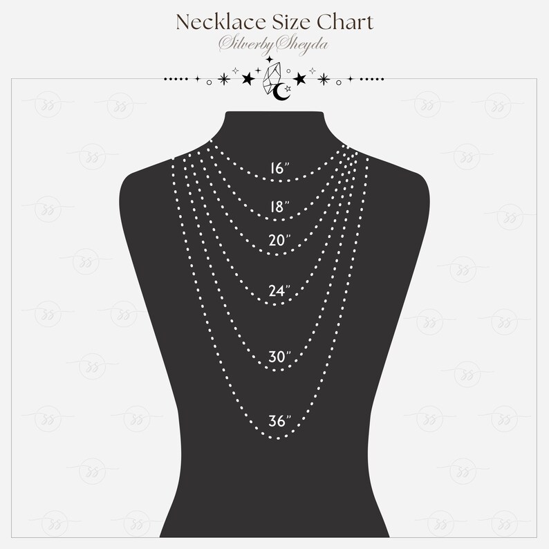 Puede incluir: Una tabla de tallas para collares, que muestra diferentes longitudes de 16 a 36 pulgadas en un maniqu&iacute; negro.