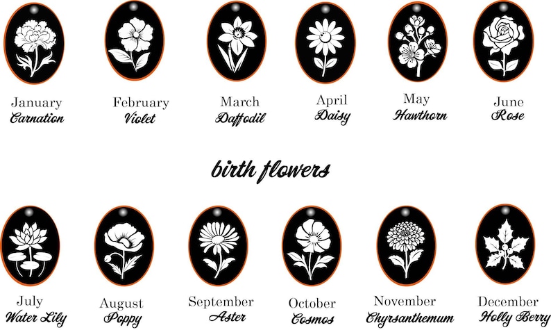 May include: A collection of twelve black oval pendants, each featuring a white floral design representing a birth flower for each month. The months and flowers are labeled below each pendant, with the text "birth flowers" in the center.