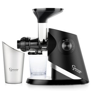May include: A black Sana Supreme juicer with a silver accent. The juicer has a clear juice container and a silver pulp container. The juicer has a dial with the words "Rev Stop" and numbers 1 through 4.