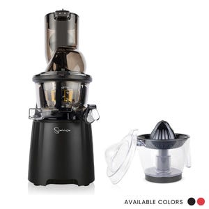 May include: A black Sana juicer with a clear top and a separate citrus juicer. The juicer has a sleek design with a black base and a clear container. Available in black and red.