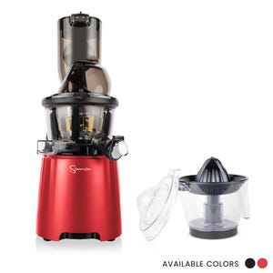 May include: A red Sana juicer with a black top and a separate citrus juicer. The juicer has a sleek design and the brand name "Sana" is printed on the front. Available in black and red.
