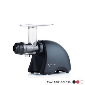 May include: A black Sana slow juicer with a clear plastic feeding tube and a silver knob. The juicer has a sleek, modern design and is labelled "Sana".