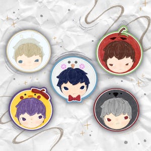 May include: A collection of five circular stickers featuring cartoon illustrations of a person with different hair colors and costumes. The costumes include a chick, a penguin, a bear, a watermelon, and a veil.