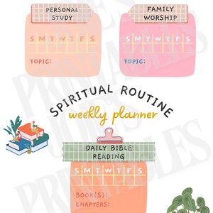 Può includere: Un planner settimanale stampabile per la routine spirituale con sezioni per lo studio personale, il culto familiare e la lettura biblica quotidiana. Il planner presenta un design colorato con illustrazioni di libri, piante e una clipboard.