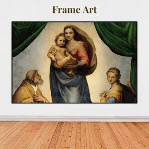 May include: A framed painting depicting a religious scene with a woman holding a child, surrounded by two other figures. The woman is wearing a blue robe with a red sash, and the child is wearing a white robe. The painting is set against a background of green curtains.