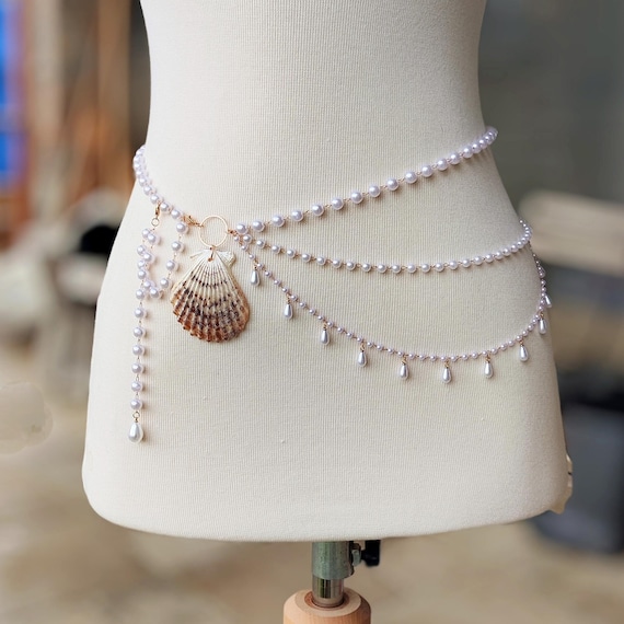 White and Gold Shell & Pearl Layered Waist Chain Amazon.com: Aiosy Pearl Waist Chain Seashell Body Chain  main image 4