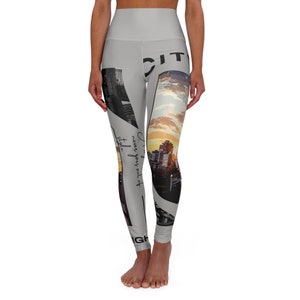 May include: Grey high-waisted yoga leggings with a city skyline print and the text "City never goes out of style."