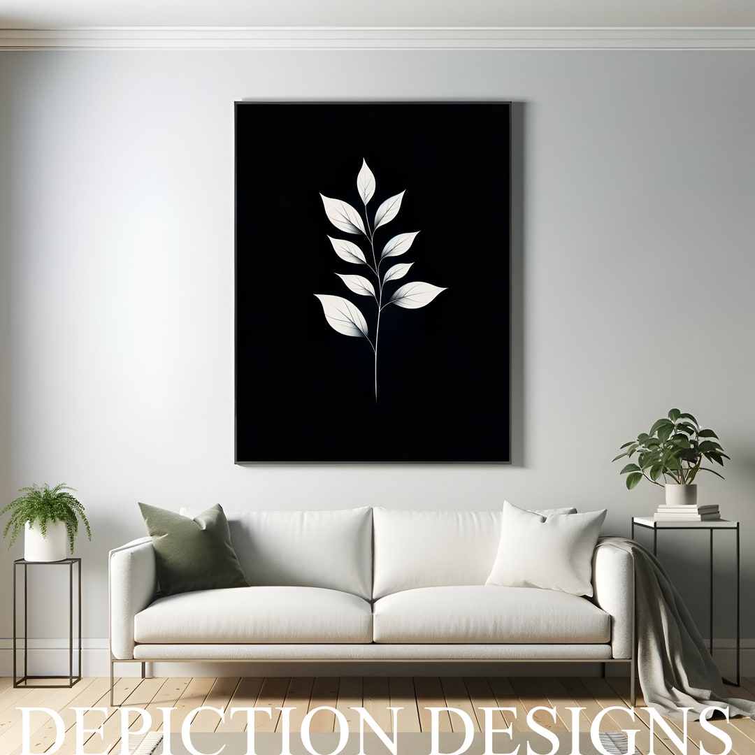 Black &amp; White Minimalist Printable Wall Art, Leaves 1, Instant Download ...