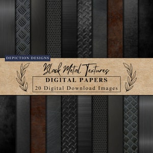 May include: A set of 20 digital papers featuring black metal textures. The textures include various patterns like diamond plate, honeycomb, and brushed metal. The papers are perfect for creating backgrounds, patterns, and designs.