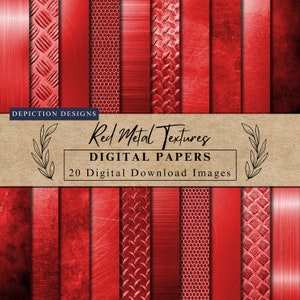 Puede incluir: Un conjunto de 20 papeles digitales con texturas de metal rojo. Las texturas incluyen metal cepillado, placa de diamante y patrones de panal. Los papeles son perfectos para crear fondos, scrapbooking y otros proyectos de manualidades.