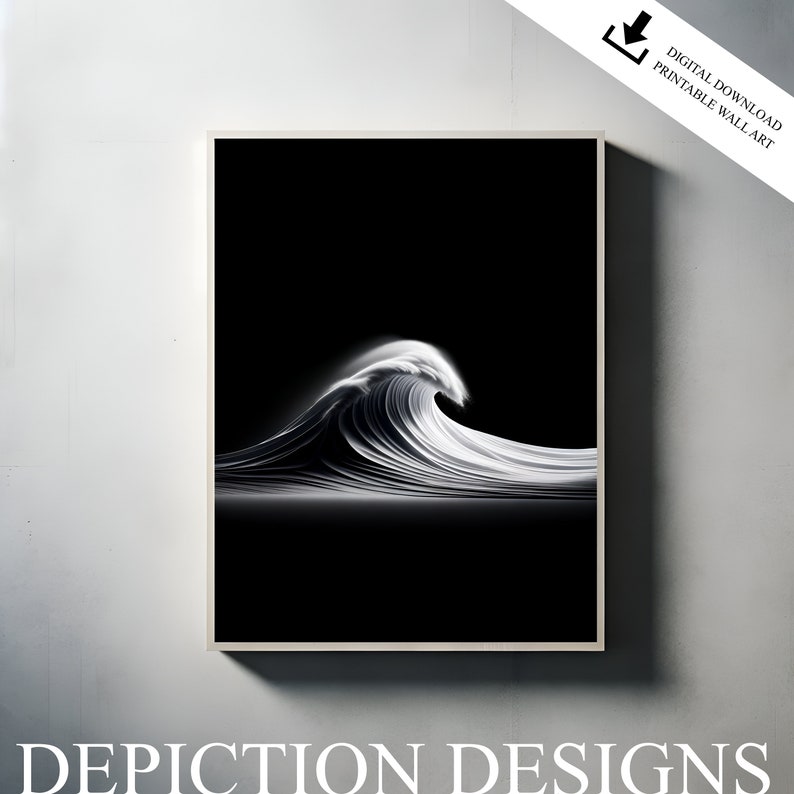 Black &amp; White Minimalist Printable Wall Art, Ocean Wave 2, Instant ...