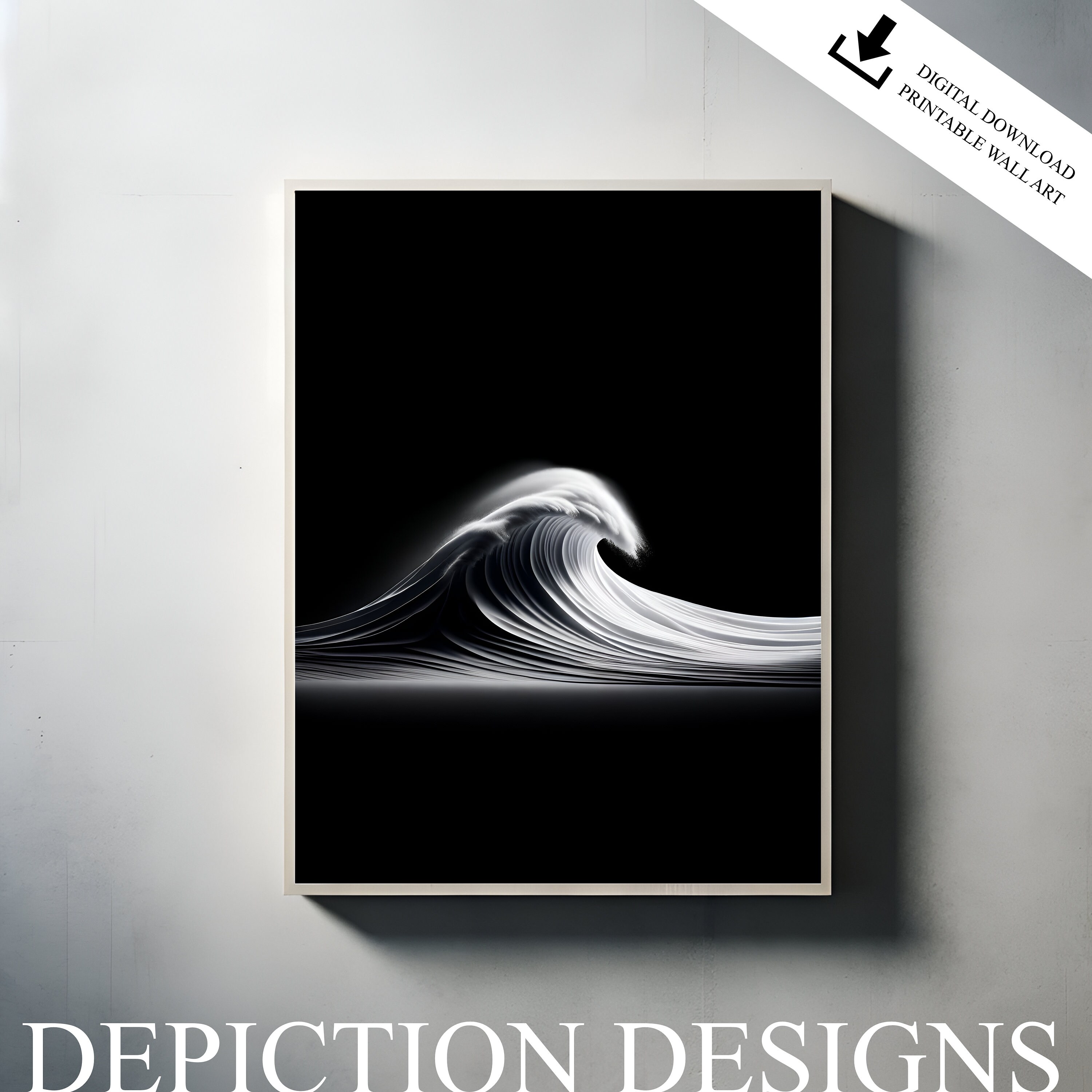 Black &amp; White Minimalist Printable Wall Art, Ocean Wave 2, Instant ...