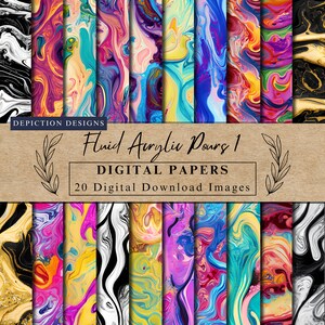 May include: A set of 20 digital papers featuring abstract fluid acrylic pour designs in vibrant colours like pink, blue, yellow, and black. The papers are perfect for crafting, scrapbooking, and digital design projects.