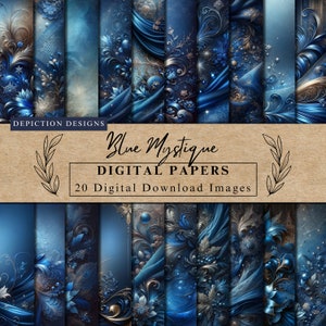 Op de afbeelding: Een set van 20 digitale papieren met een blauw, goud en wit kleurenschema met ingewikkelde bloemmotieven en draaiende patronen. De papieren zijn getiteld "Blue Mystique Digital Papers".