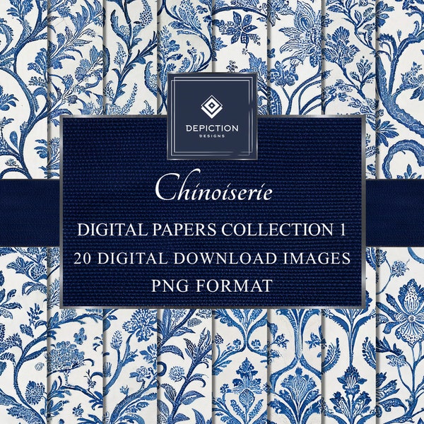 Chinoiserie Digital Papers Collection 1, Instant Download, Printable Scrapbooking Paper, Traditional Patterns, Commercial Use