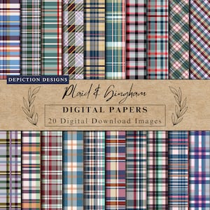 May include: A set of 20 digital papers featuring plaid and gingham patterns in various colors, including red, blue, green, and white. The digital papers are perfect for crafting, scrapbooking, and other creative projects.  "Plaid & Gingham Digital Papers" and "20 Digital Download Images" are written on a brown paper label.