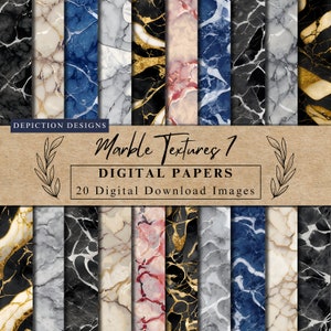 May include: A set of 20 digital marble texture papers. The papers feature a variety of marble patterns in black, white, gold, blue, and pink.