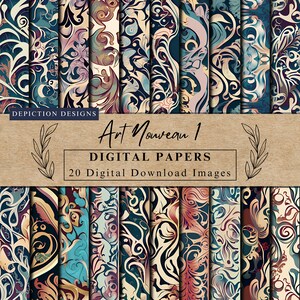 Op de afbeelding: Een set van 20 digitale papieren met een Art Nouveau-ontwerp met ingewikkelde bloemmotieven in tinten blauw, bruin en crème. De papieren zijn perfect voor scrapbooking, kaartmaken en andere knutselprojecten.