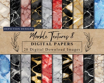 Colección 8 de papeles digitales con texturas de mármol, descarga instantánea, imprimibles de texturas de mármol de alta resolución, patrones, manualidades DIY, uso comercial