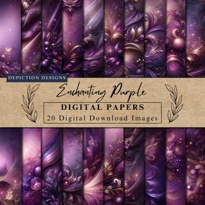 May include: A digital paper pack with 20 images featuring intricate purple and gold designs. The pack is called "Enchanting Purple" and is by Depiction Designs.