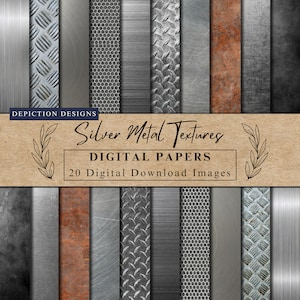 May include: A set of 20 digital papers featuring various silver metal textures. The textures include brushed metal, diamond plate, and honeycomb patterns. The papers are perfect for adding a modern and industrial feel to your designs.