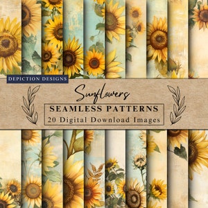 以下が含まれることがあります： ヴィンテージ風の背景に、さまざまな黄色、緑、茶色の色合いのひまわりが、シームレスなパターンで描かれた、20枚のデジタルダウンロード画像のセットです。 「Sunflowers Seamless Patterns 20 Digital Download Images」というテキストが、茶色の紙のラベルに表示されています。