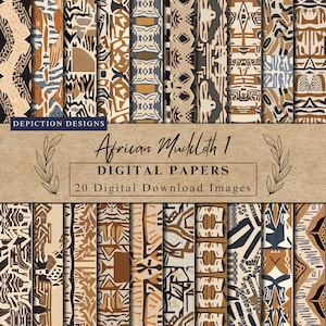 May include: A set of 20 digital papers featuring African Mudcloth patterns in brown, beige, and black. The papers are perfect for crafting, scrapbooking, and digital design projects.  "African Mudcloth 1 DIGITAL PAPERS 20 Digital Download Images" is written on a brown paper background.