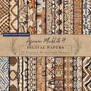 May include: A set of 20 digital papers featuring African mudcloth patterns in brown, beige, and black. The papers are perfect for crafting, scrapbooking, and digital design projects.  "African Mudcloth 4" and "Digital Papers" are written on the image.