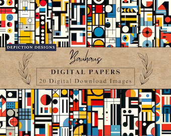 Könnte beinhalten: Ein Set mit 20 digitalen Papieren mit geometrischen Mustern im Bauhaus-Stil. Die Muster sind in Schwarz, Weiß, Rot, Gelb und Blau.