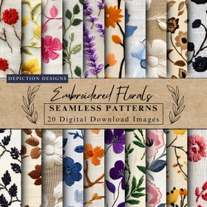 May include: 20 digital download images of embroidered floral seamless patterns. The patterns are on a white linen background and feature various floral designs in shades of red, pink, blue, purple, yellow, and green.